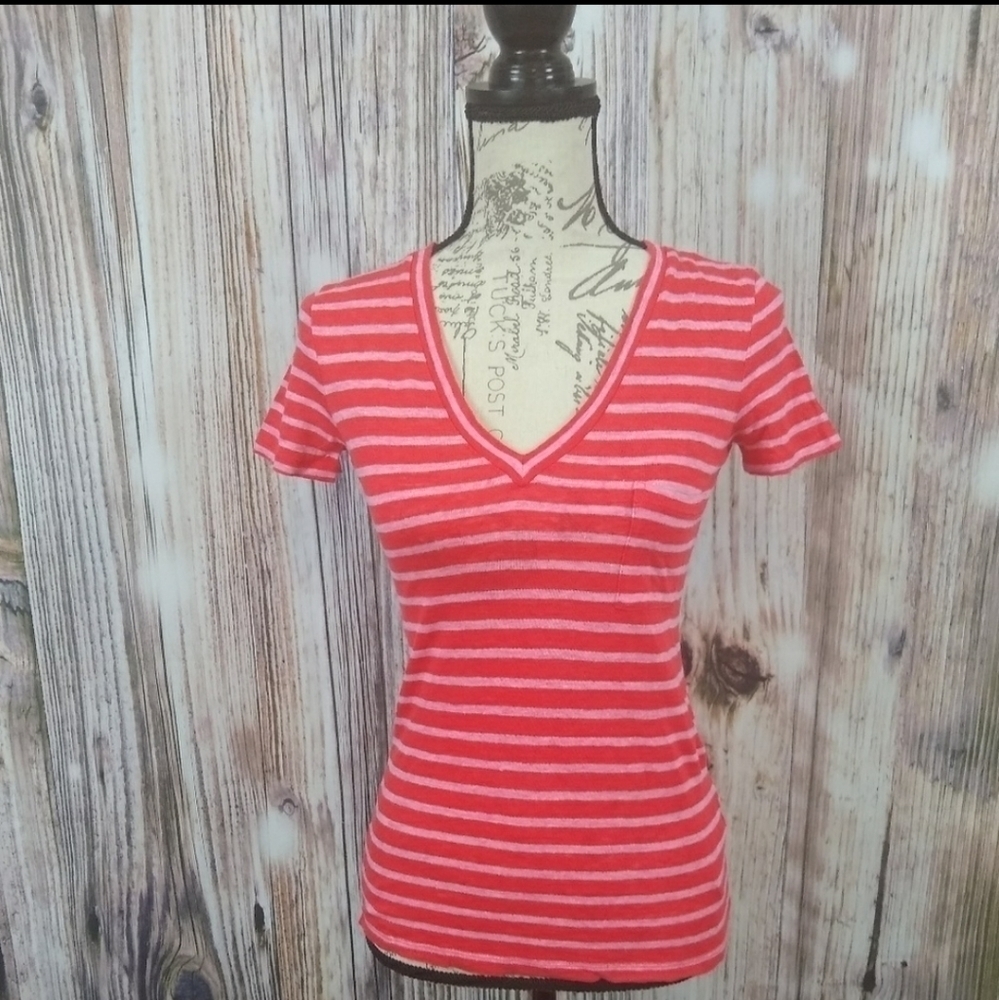 𝅺J.Crew 100% Linen Stripe V-neck Tee Size XXS